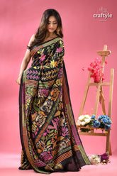 Rich black multi thread floral premium kantha silk saree black saree vibrant multi colored floral 7