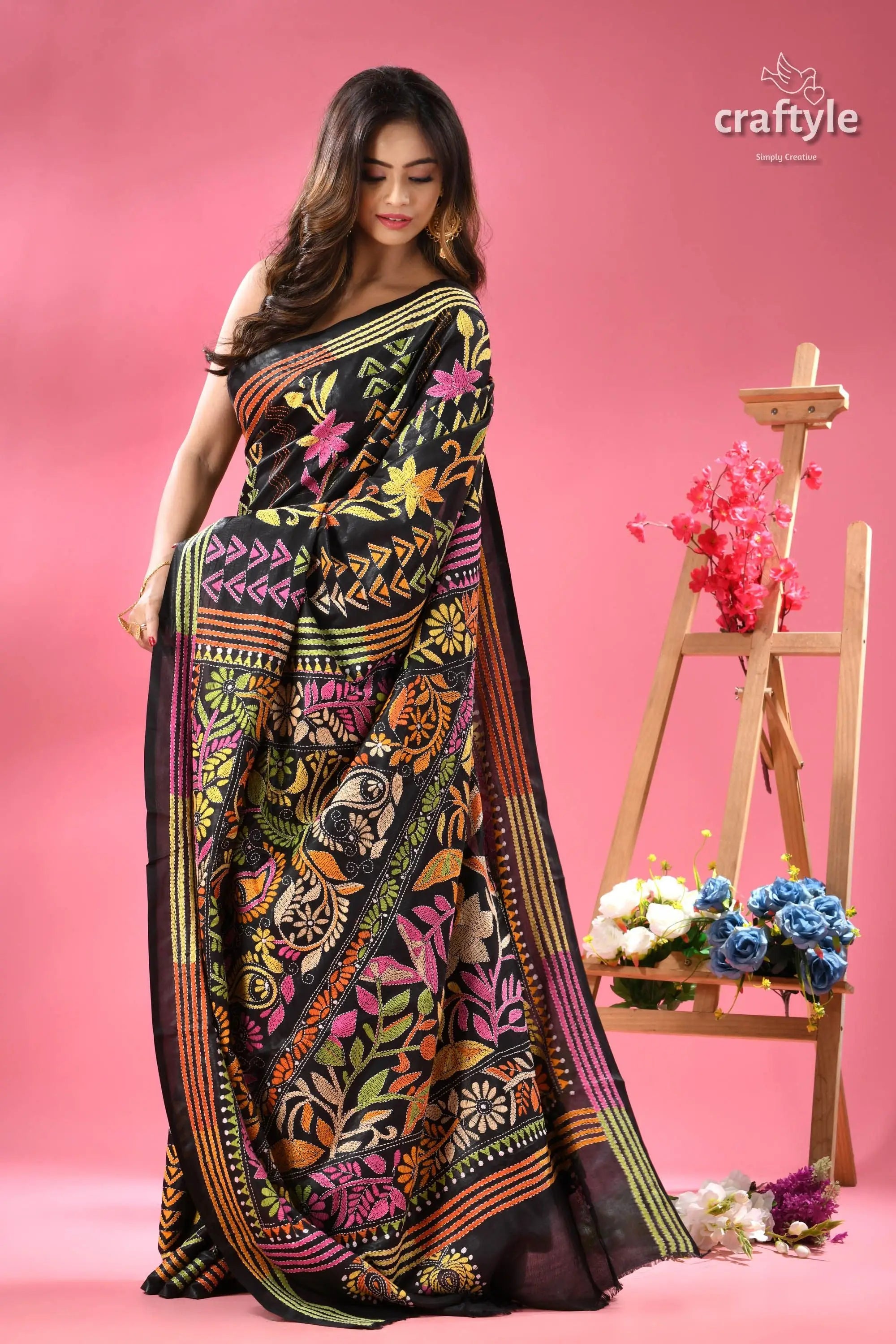 Rich black multi thread floral premium kantha silk saree black saree vibrant multi colored floral 7