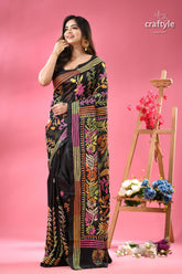 Rich black multi thread floral premium kantha silk saree black silk saree vibrant floral 5