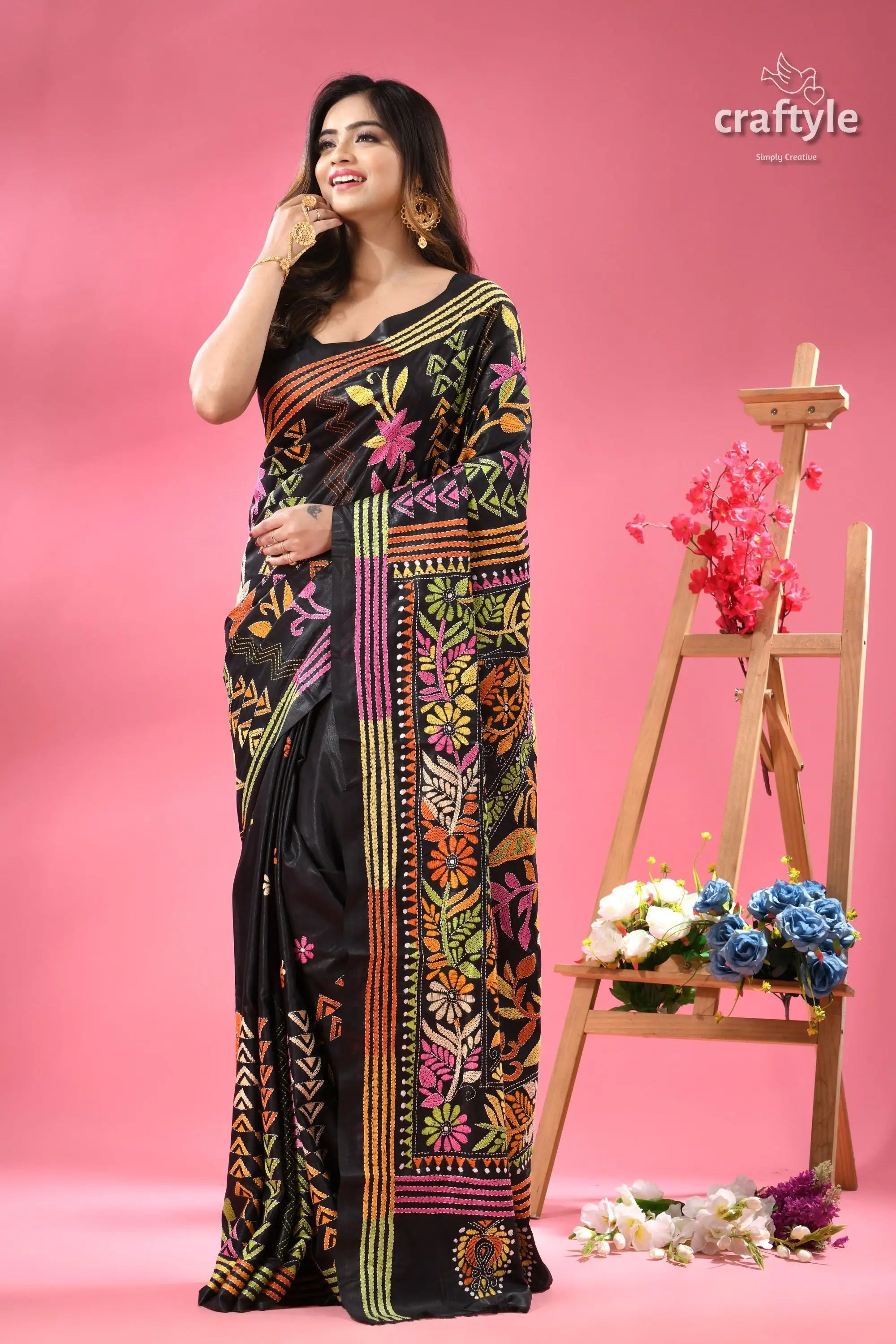 Rich black multi thread floral premium kantha silk saree black silk saree vibrant floral 5