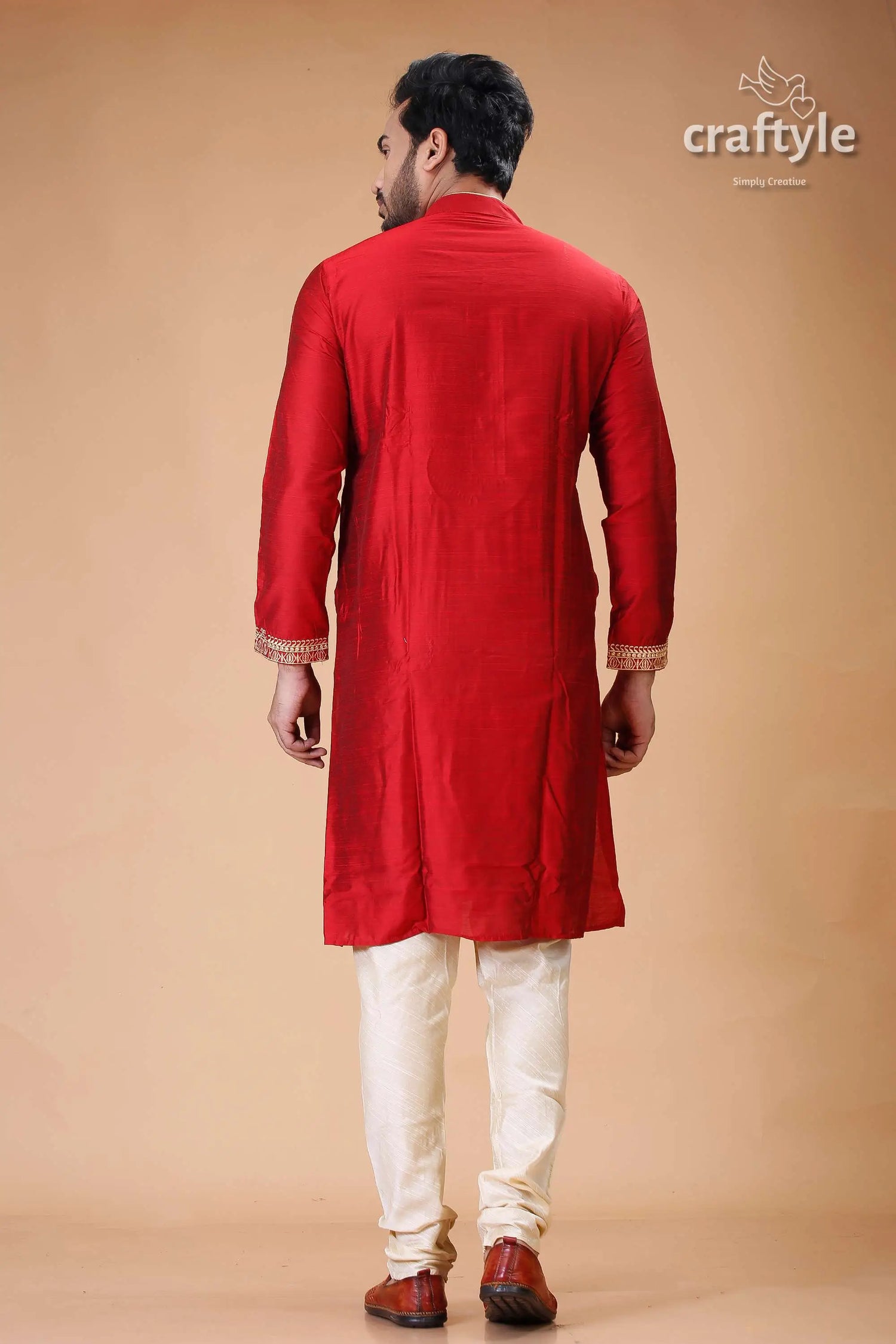 Rich crimson silk mens kurta with elegant embroidery design red kurta cream pants 5