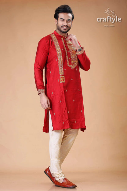Rich crimson silk mens kurta with elegant embroidery design red embroidered kurta 4