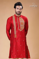 Rich crimson silk mens kurta with elegant embroidery design red embroidered kurta 2