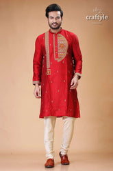 Rich crimson silk mens kurta with elegant embroidery design red embroidered kurta pajama set 1