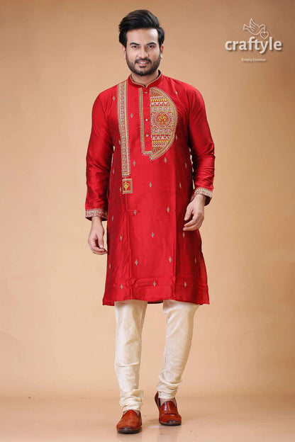 Rich crimson silk mens kurta with elegant embroidery design red embroidered kurta pajama set 1