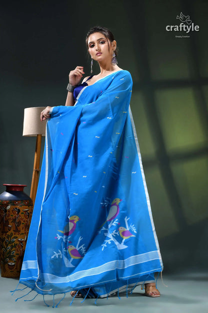 Rich electric blue soft cotton jamdani saree - handwoven design blue bird print cotton saree 6
