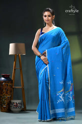 Rich electric blue soft cotton jamdani saree - handwoven design blue saree white floral design 1