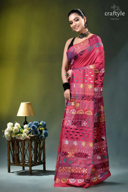 Rich maroon multicolor floral design hand embroidery silk lambani saree vibrant pink saree intricate multicolored 3