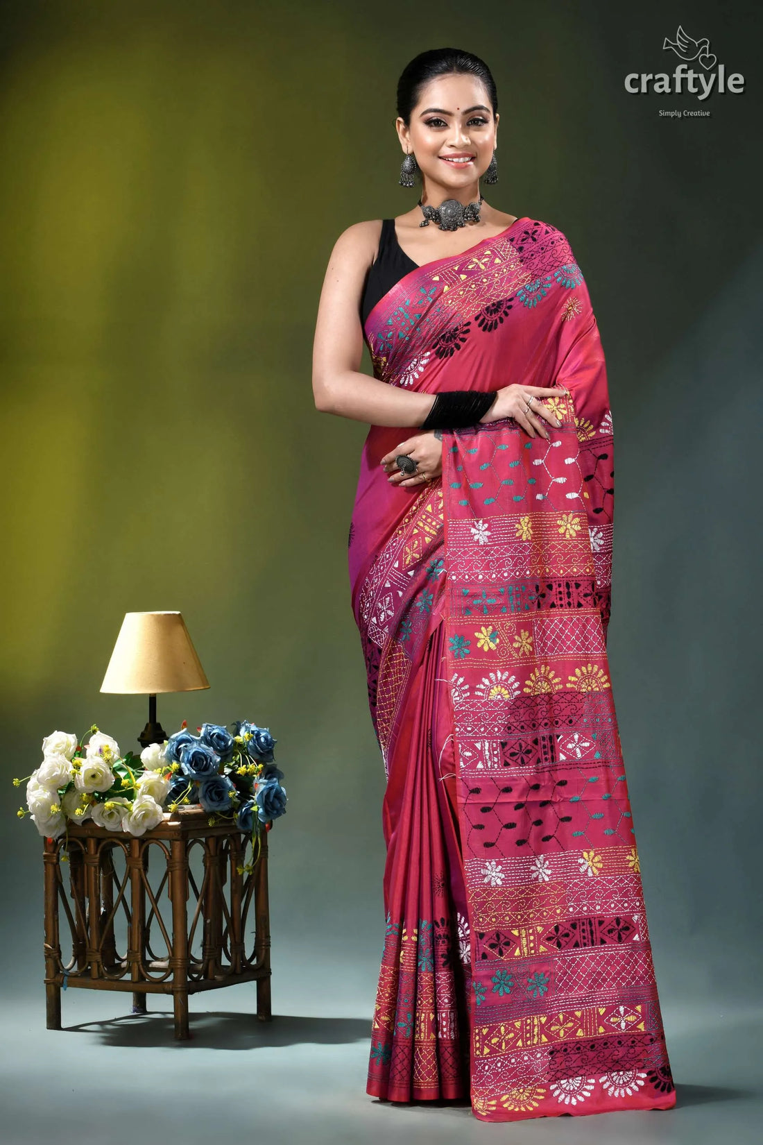 Rich maroon multicolor floral design hand embroidery silk lambani saree vibrant pink saree intricate floral 1
