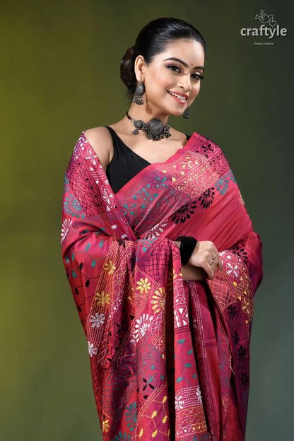 Rich maroon multicolor floral design hand embroidery silk lambani saree richly patterned maroon saree intricate 2