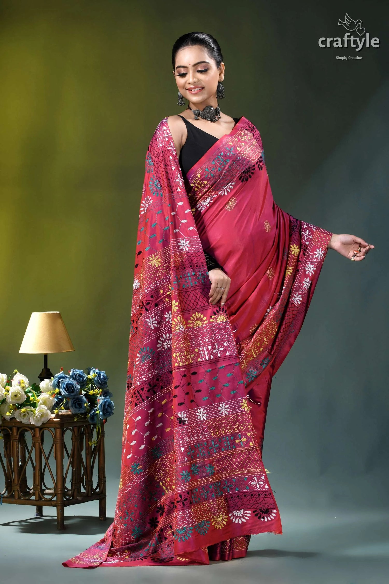 Rich maroon multicolor floral design hand embroidery silk lambani saree vibrant red saree intricate floral 4