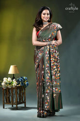 Rifle green multithread floral motif silk kantha stitch saree woman wears olive green silk 4