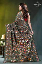 Rifle green multithread floral motif silk kantha stitch saree olive green saree intricate floral 5