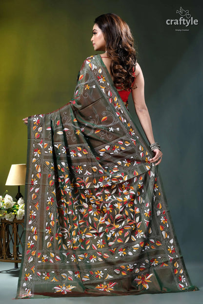 Rifle green multithread floral motif silk kantha stitch saree olive green saree intricate floral 5