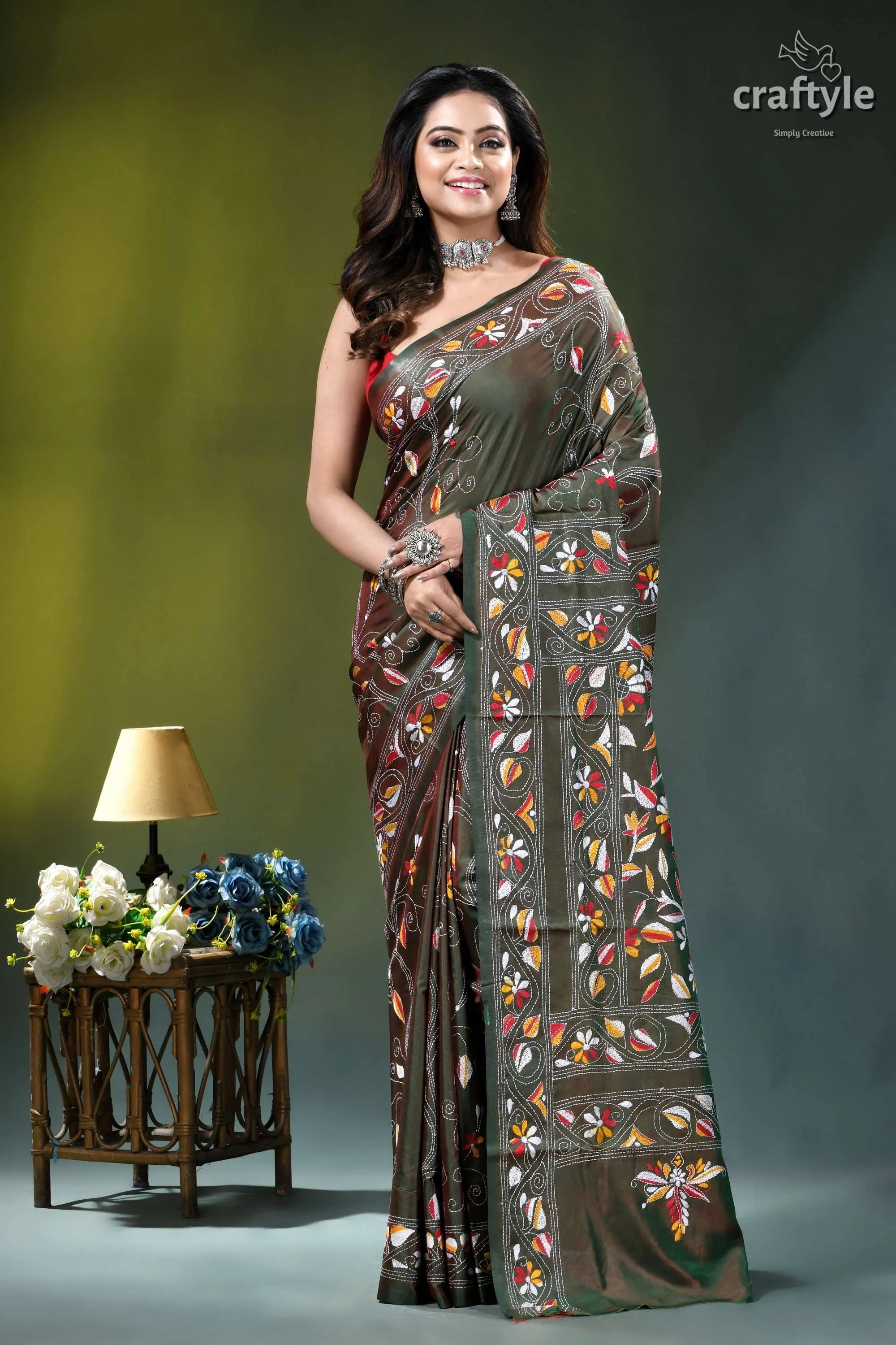 Rifle green multithread floral motif silk kantha stitch saree woman wears olive green saree 6
