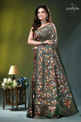 Rifle green multithread floral motif silk kantha stitch saree woman wears olive green saree 3