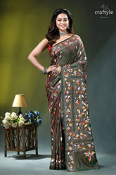 Rifle green multithread floral motif silk kantha stitch saree woman wears olive green saree 1