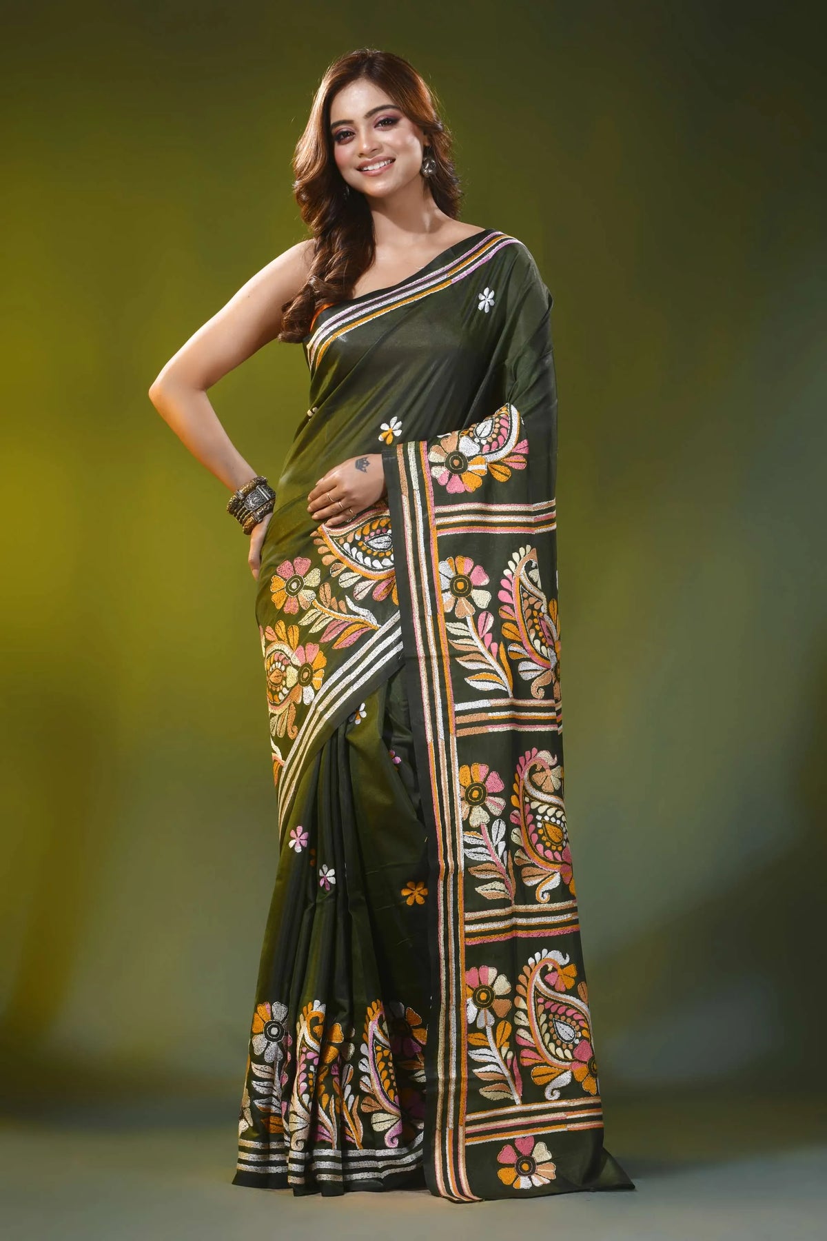 Rifle green silk kantha saree with hand embroidered paisley motif 1