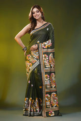 Rifle green silk kantha saree with hand embroidered paisley motif 1