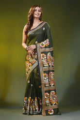 Rifle green silk kantha saree with hand embroidered paisley motif 6
