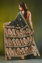 Rifle green silk kantha saree with hand embroidered paisley motif 5