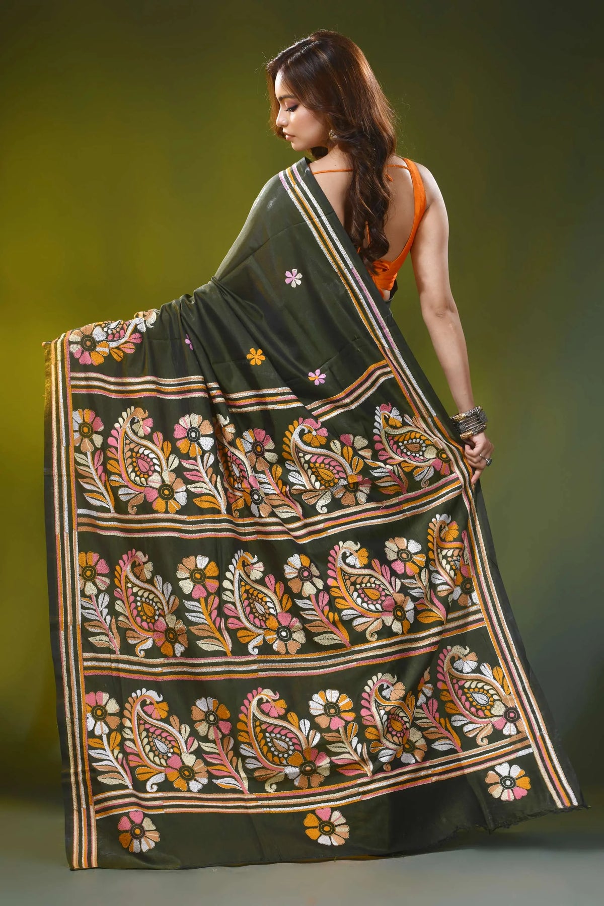 Rifle green silk kantha saree with hand embroidered paisley motif 5