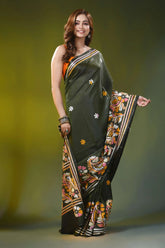 Rifle green silk kantha saree with hand embroidered paisley motif 4