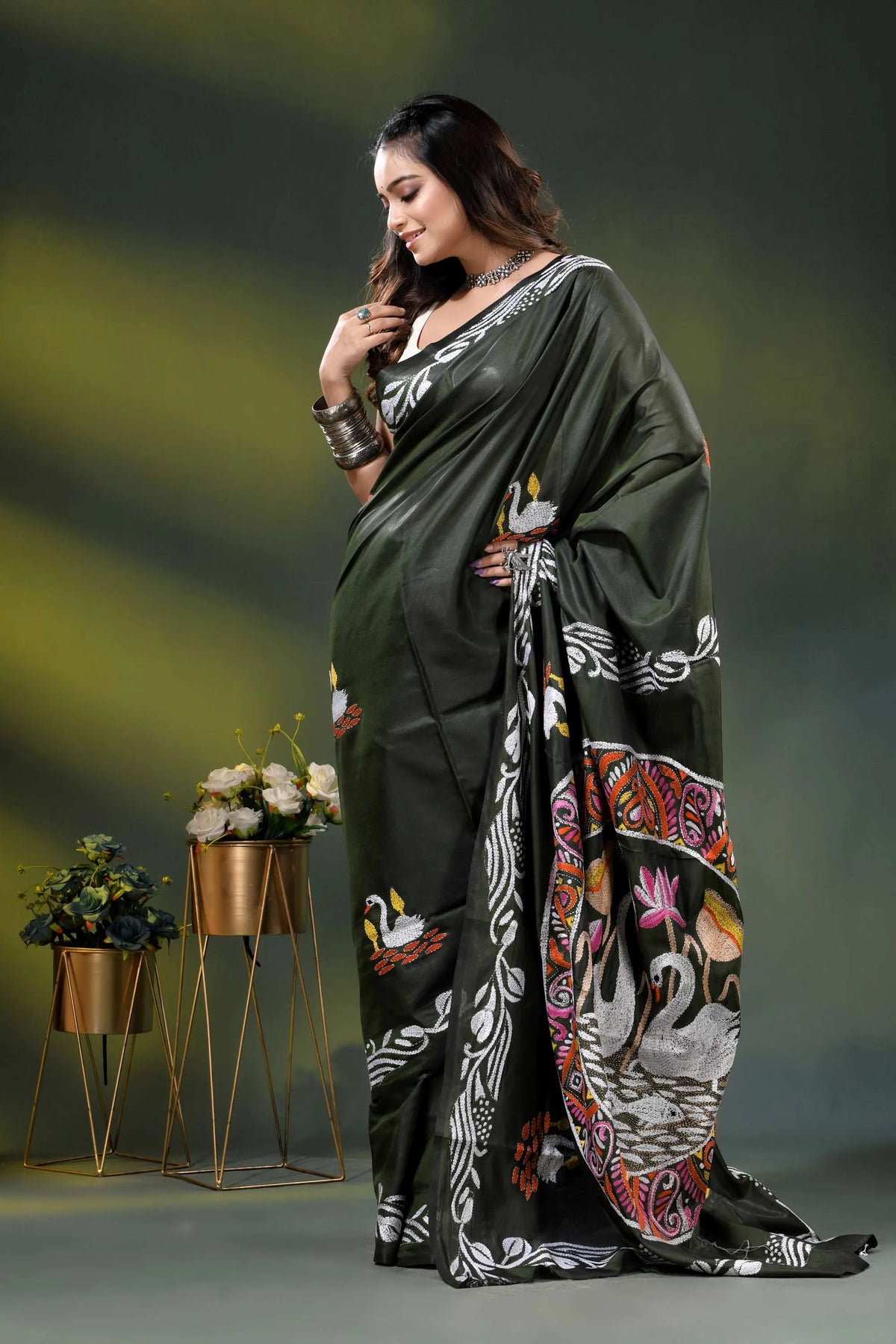 Rifle green swan motif handcrafted silk kantha work saree 4