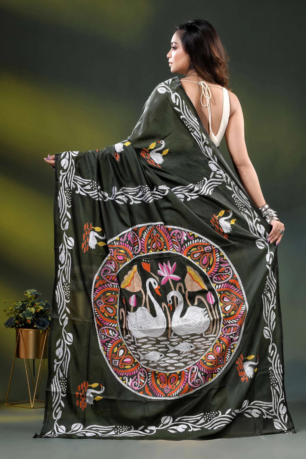 Rifle green swan motif handcrafted silk kantha work saree 5