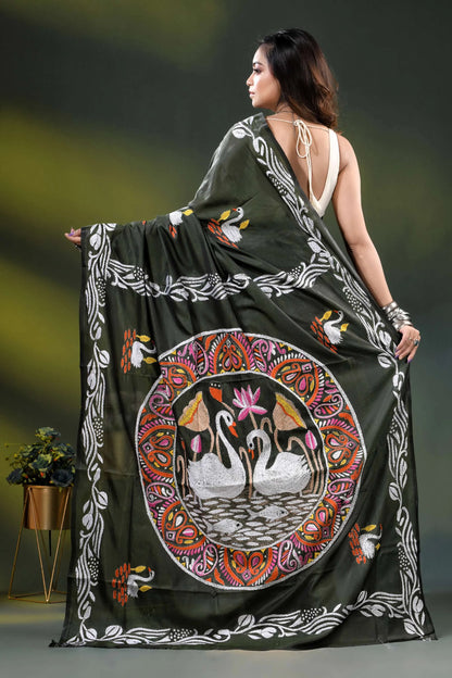 Rifle green swan motif handcrafted silk kantha work saree 5