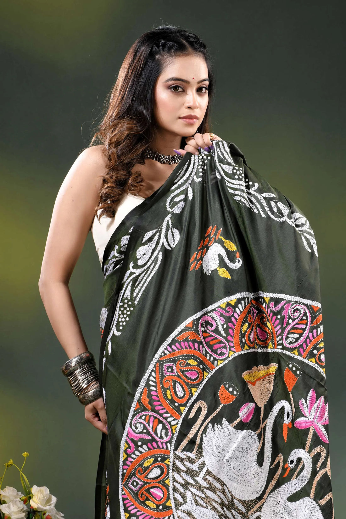 Rifle green swan motif handcrafted silk kantha work saree 2