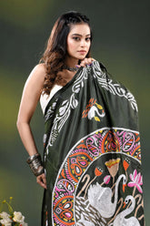 Rifle green swan motif handcrafted silk kantha work saree 2