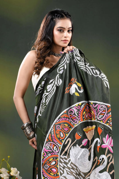Rifle green swan motif handcrafted silk kantha work saree 2