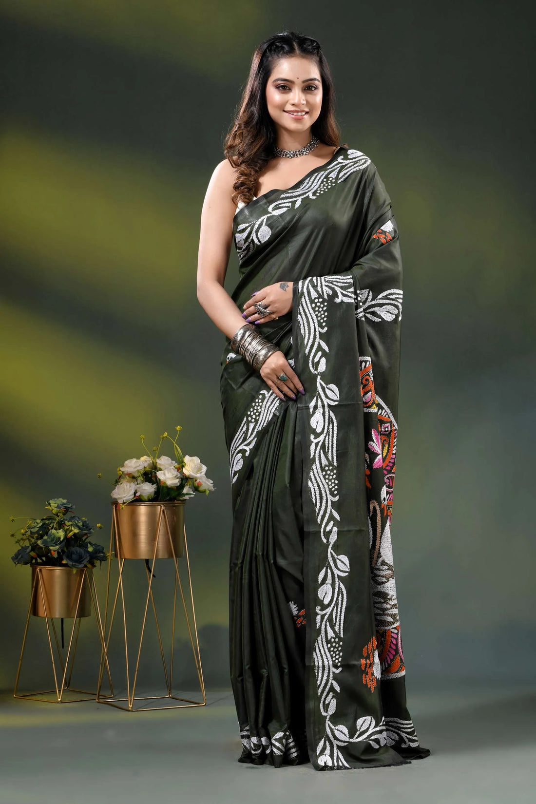 Rifle green swan motif handcrafted silk kantha work saree 1