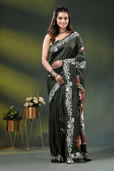 Rifle green swan motif handcrafted silk kantha work saree 1