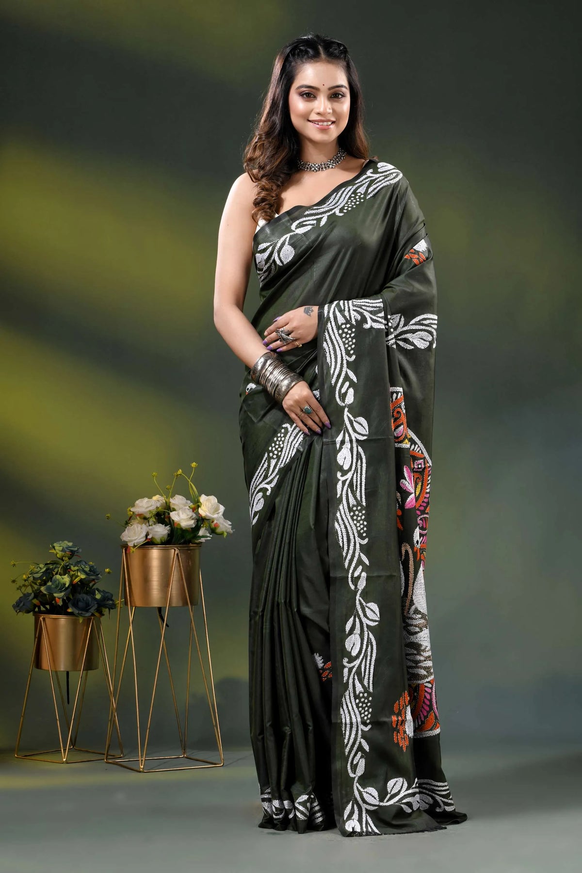 Rifle green swan motif handcrafted silk kantha work saree 1