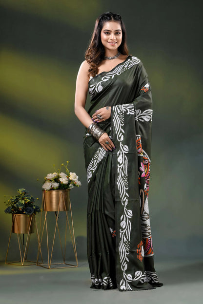 Rifle green swan motif handcrafted silk kantha work saree 1