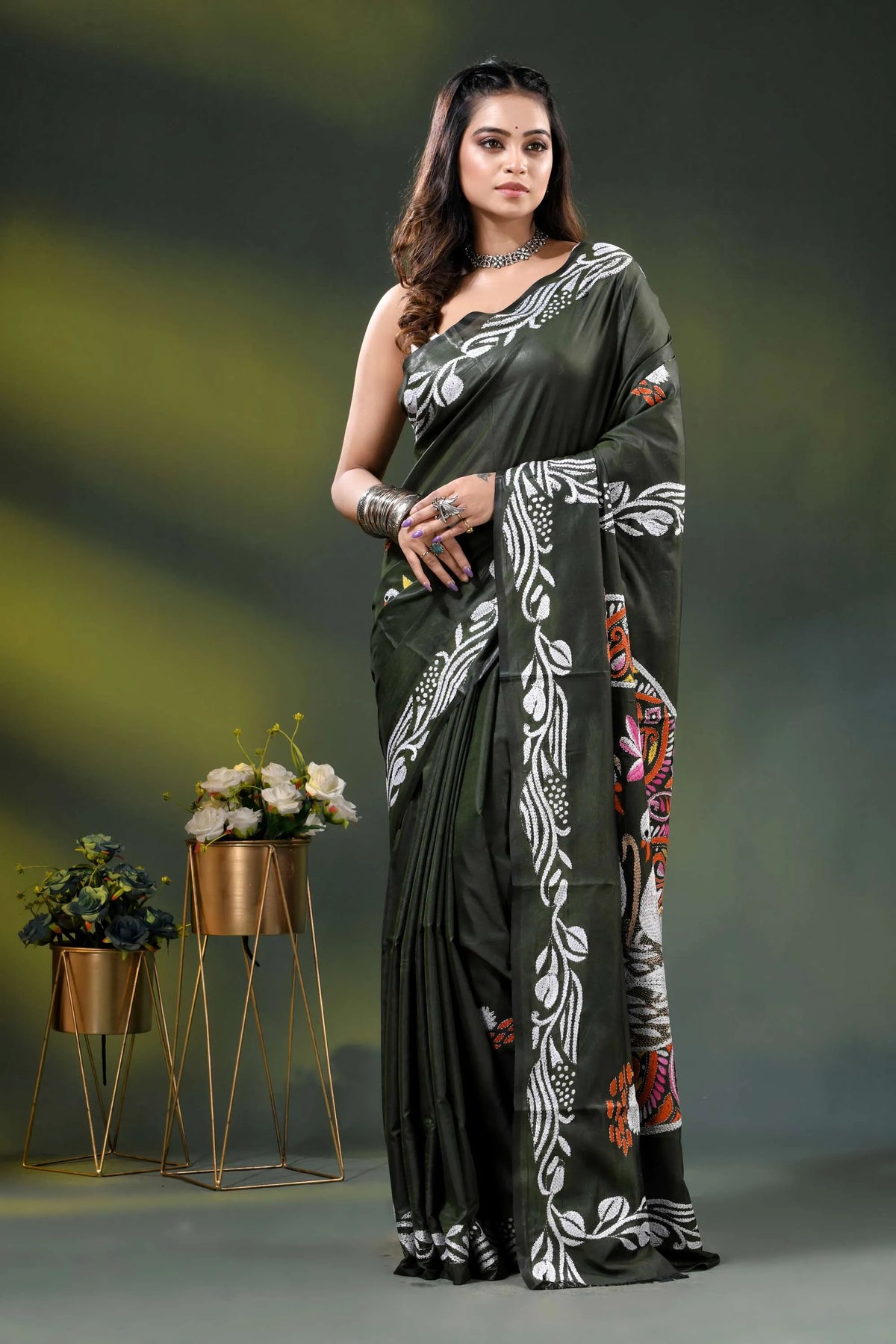 Rifle green swan motif handcrafted silk kantha work saree 6