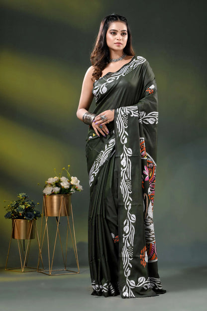Rifle green swan motif handcrafted silk kantha work saree 6
