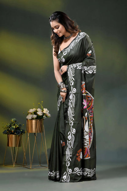 Rifle green swan motif handcrafted silk kantha work saree 3