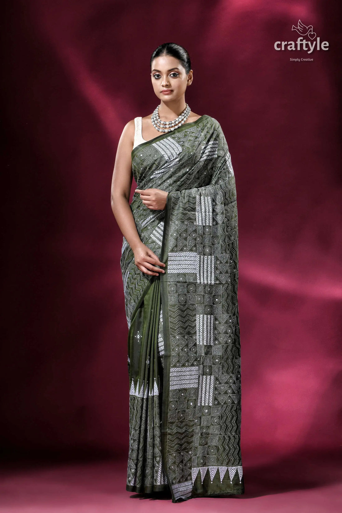 Rifle green white thread work ethnic silk kantha saree elegant green saree white embroidery 1