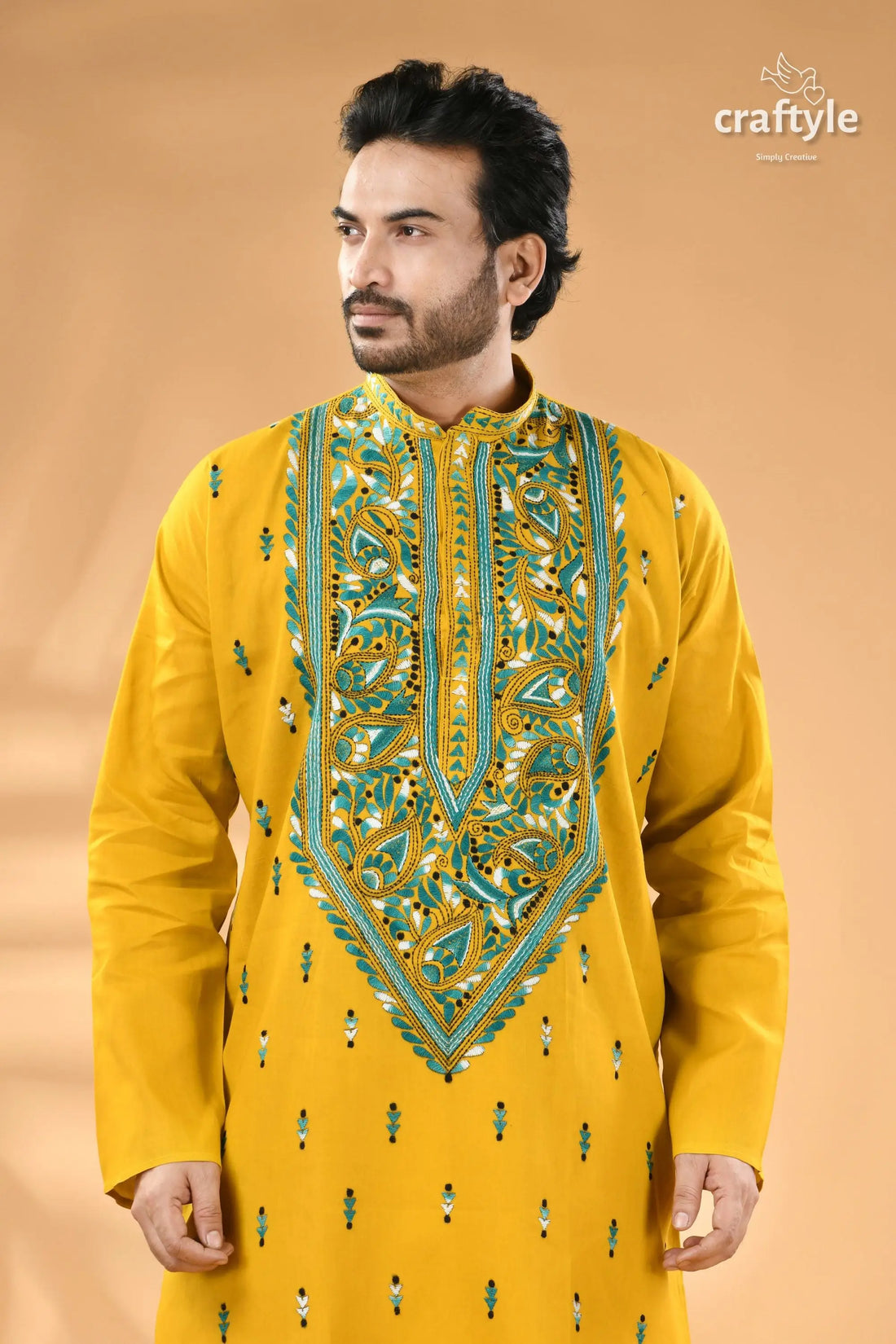 Ripe lemon yellow hand kantha stitched cotton mens kurta men’s mustard yellow kurta intricate 2