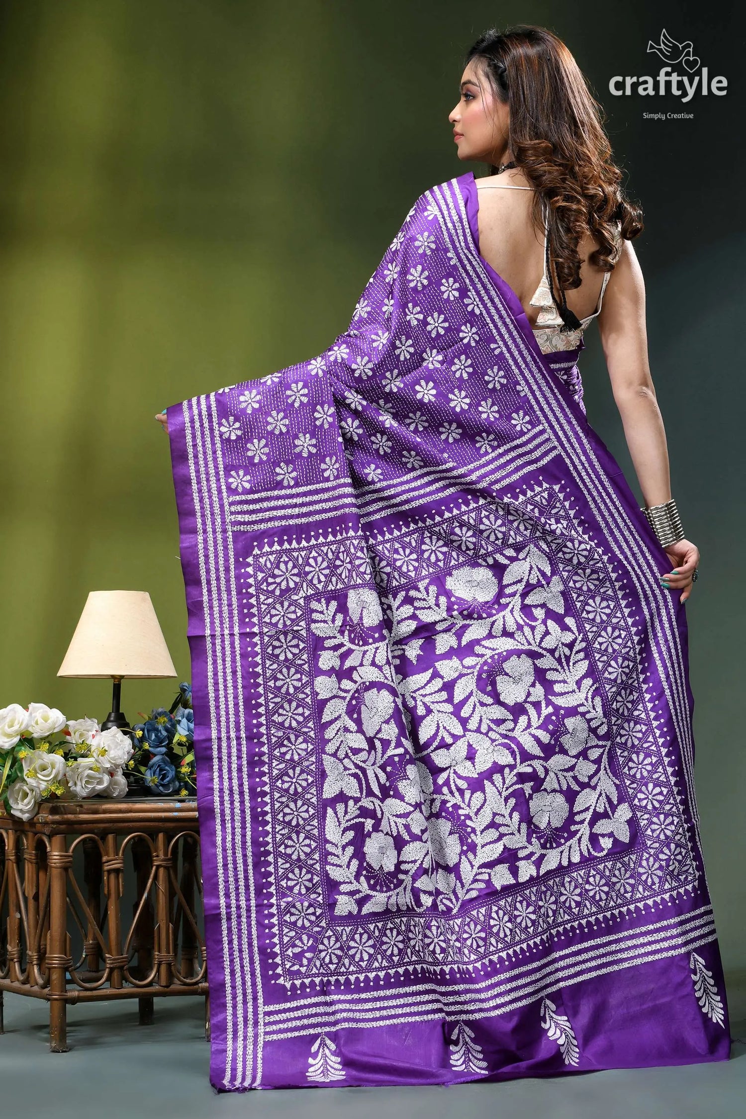 Ripe plum floral motif beautiful silk kantha work saree purple saree intricate white floral 4