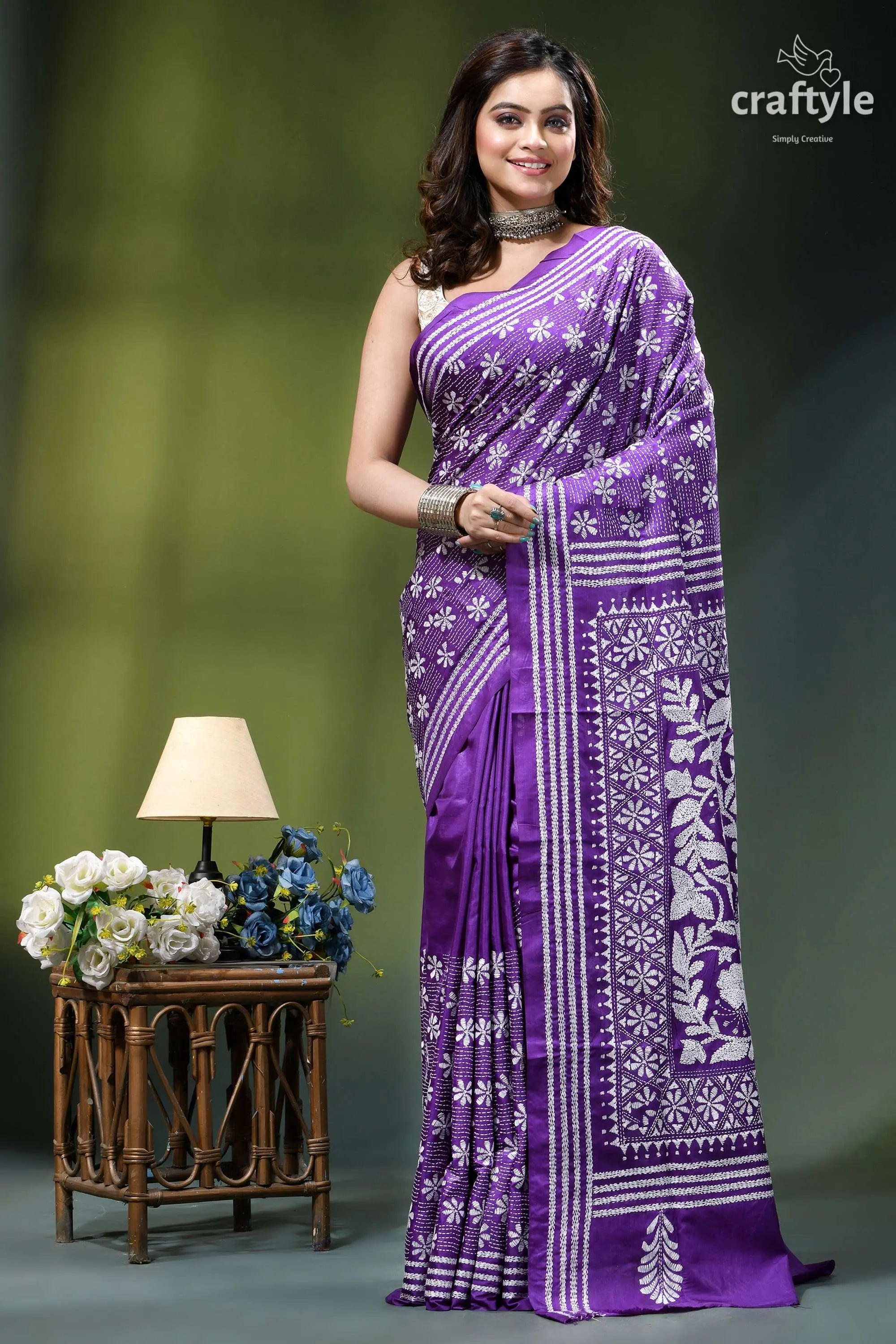 Ripe plum floral motif beautiful silk kantha work saree purple silk saree white floral 1