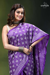Ripe plum floral motif beautiful silk kantha work saree purple sari white floral striped 2