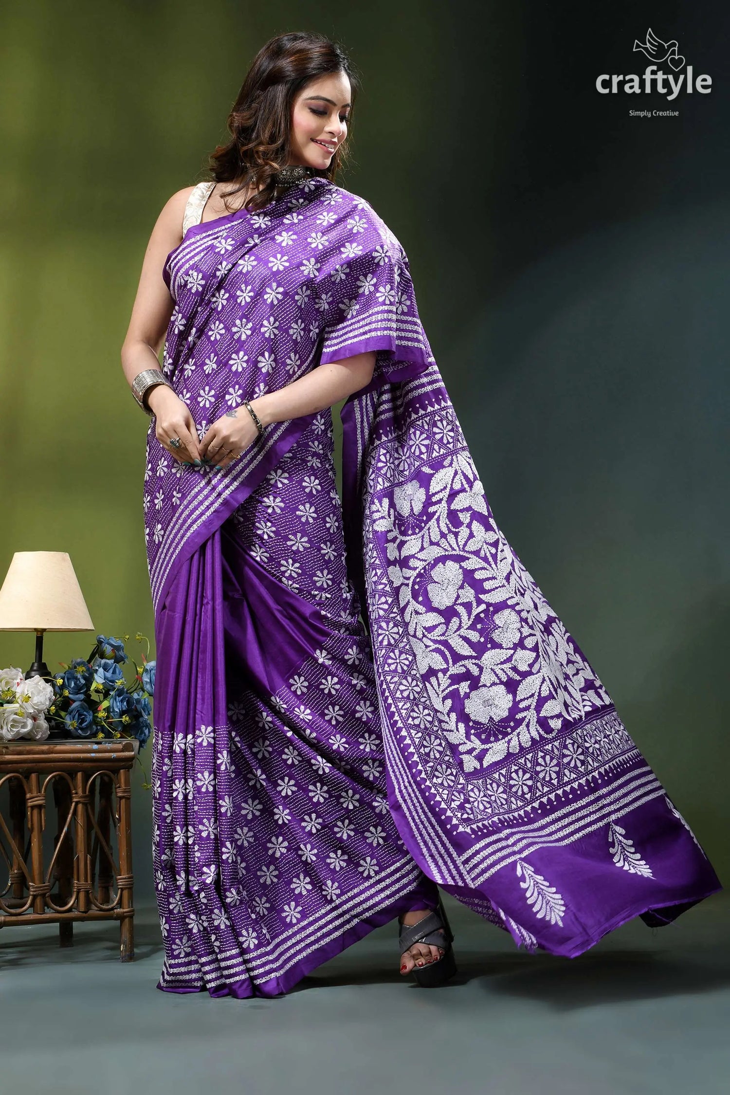Ripe plum floral motif beautiful silk kantha work saree vibrant purple saree intricate white 5