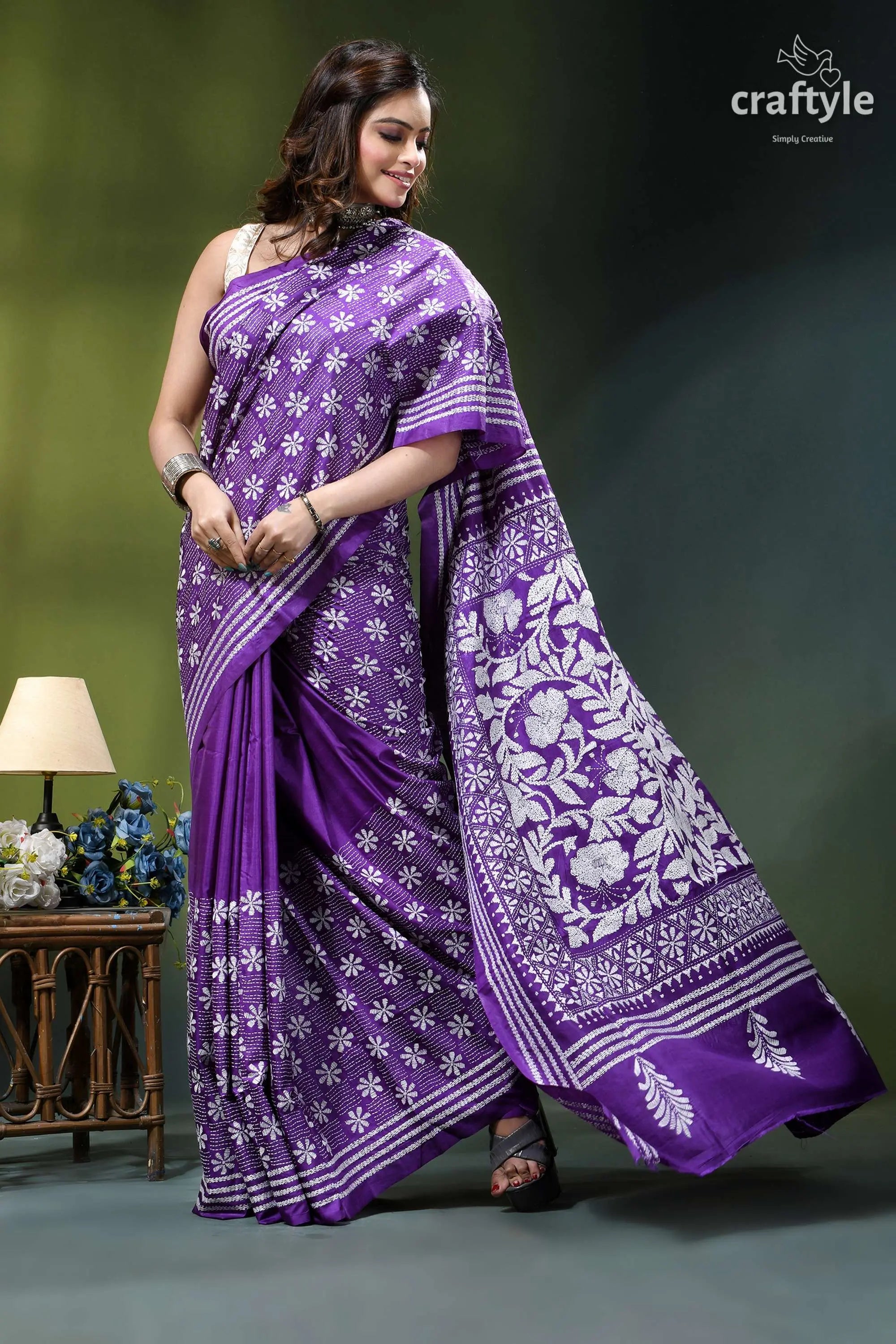 Ripe plum floral motif beautiful silk kantha work saree vibrant purple saree intricate white 5
