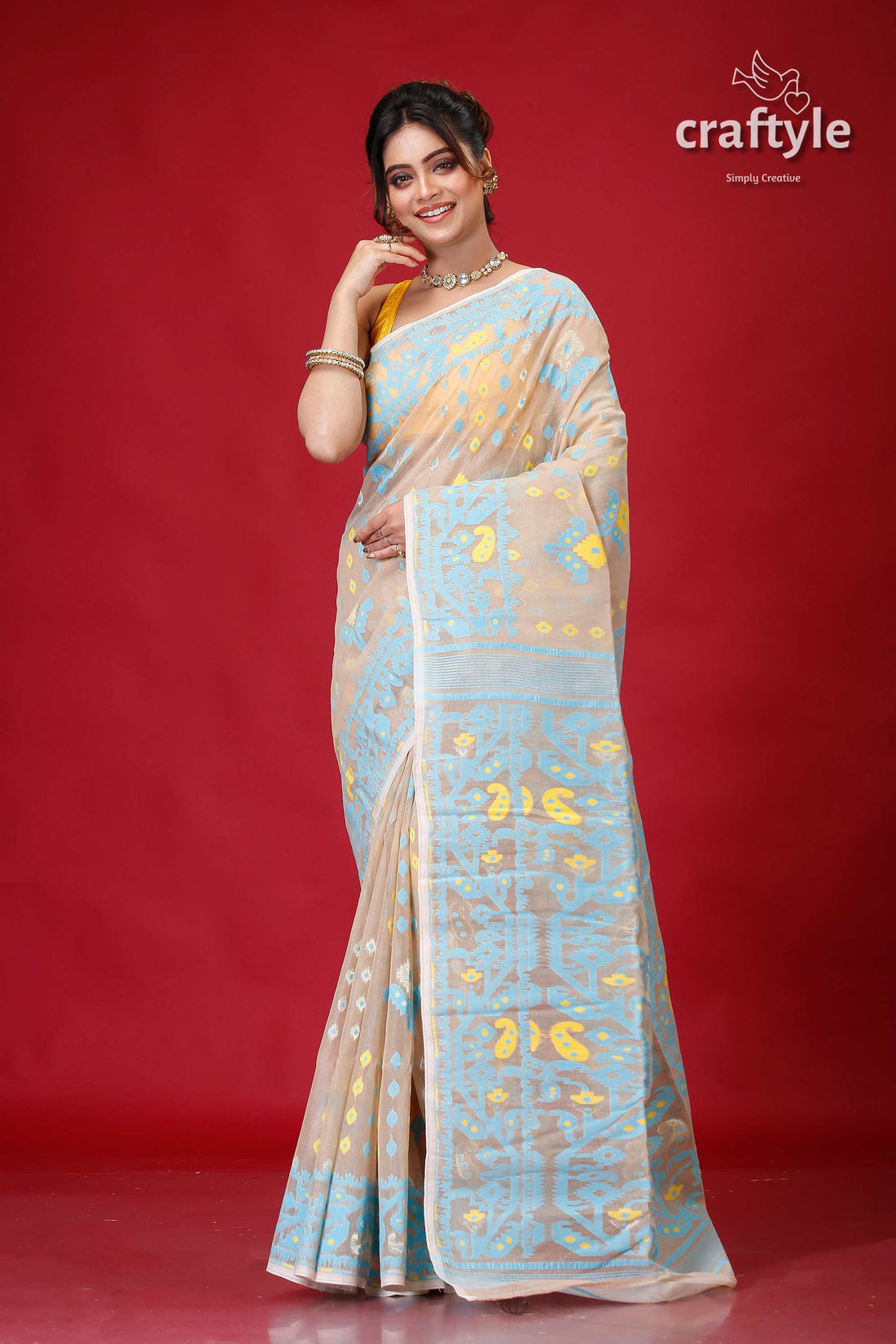 Rodeo Dust and Blue Jamdani Saree for Women-Craftyle
