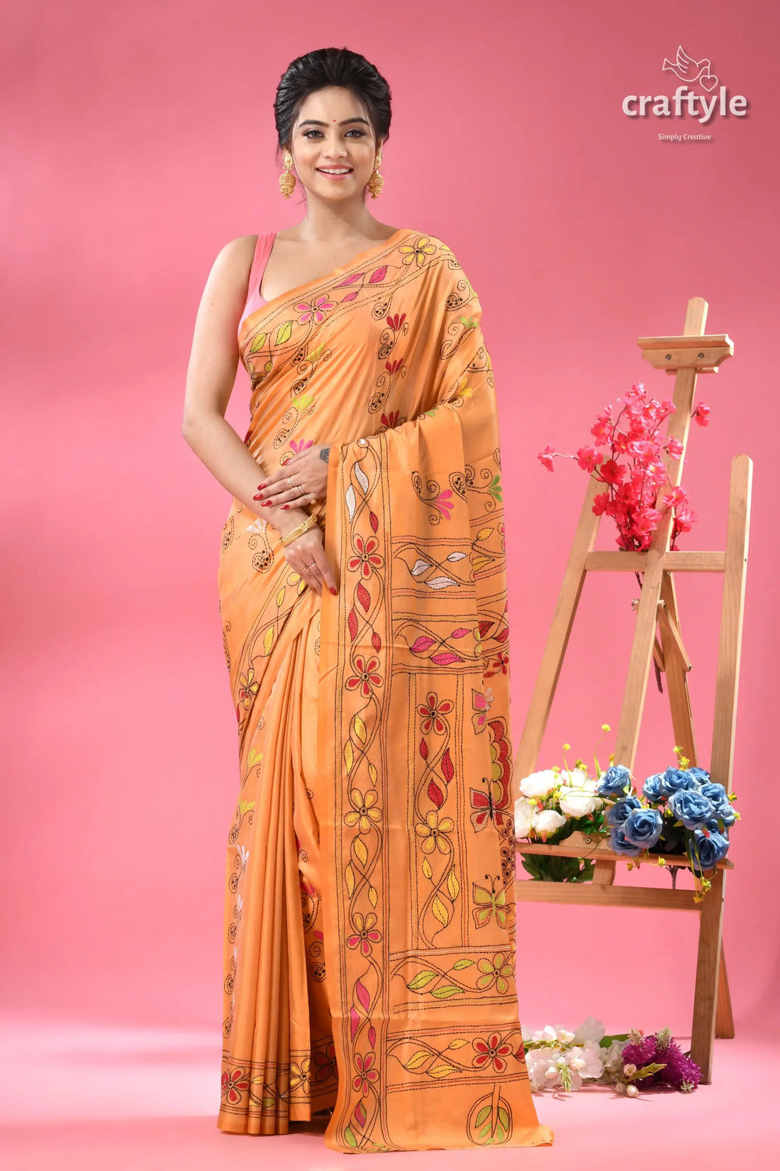 Rodeo dust butterfly motif silk kantha work saree light orange saree colorful intricate 1