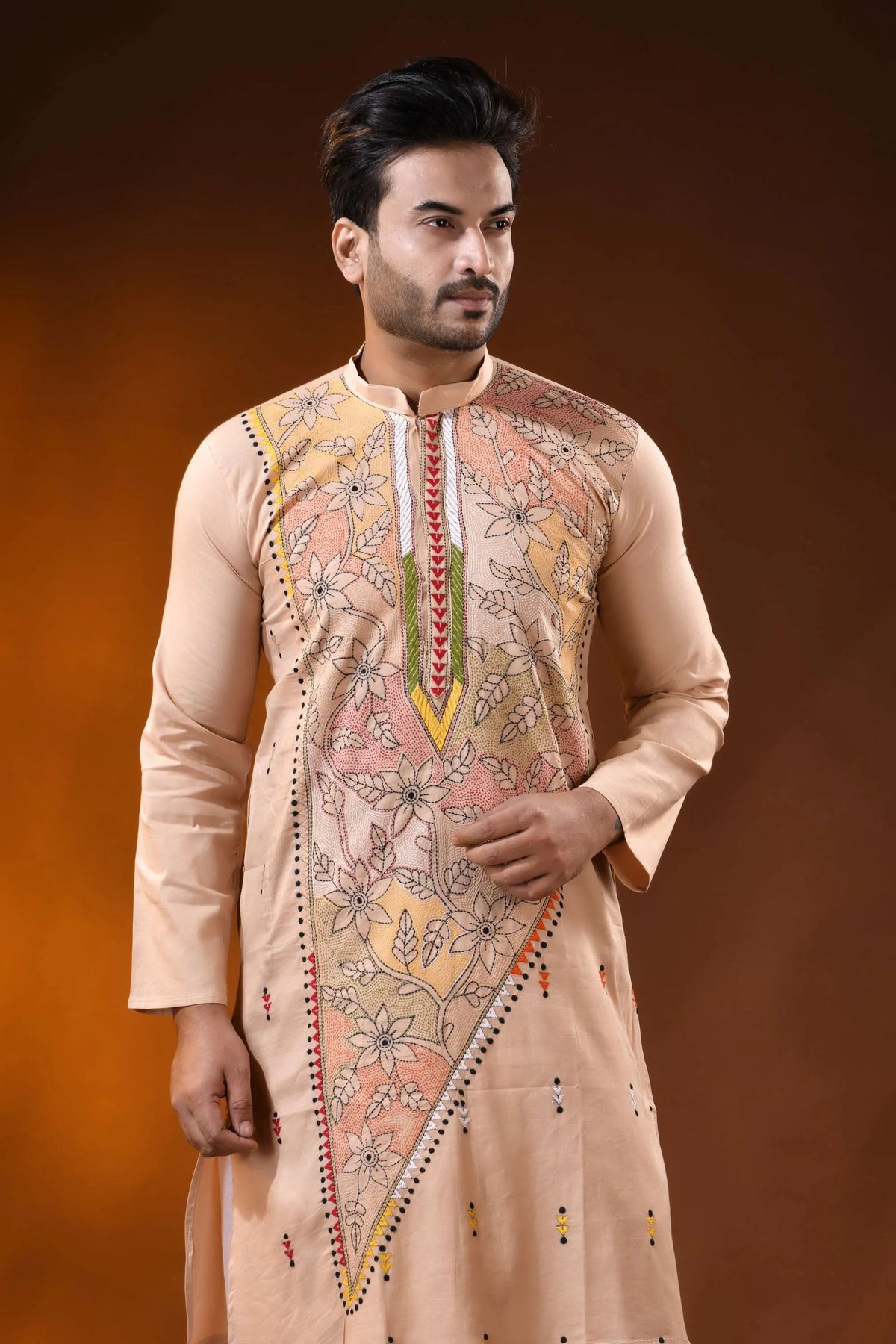 Rodeo dust cotton kantha panjabi with multicolor floral work - reverse stitch 2